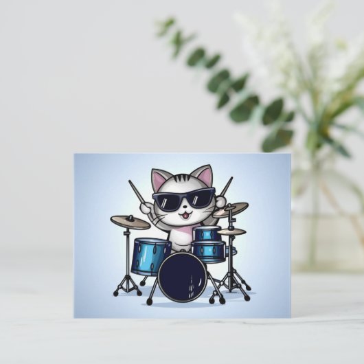 Cooler Cat Drummer Postkarte (Stehend Vorderseite)