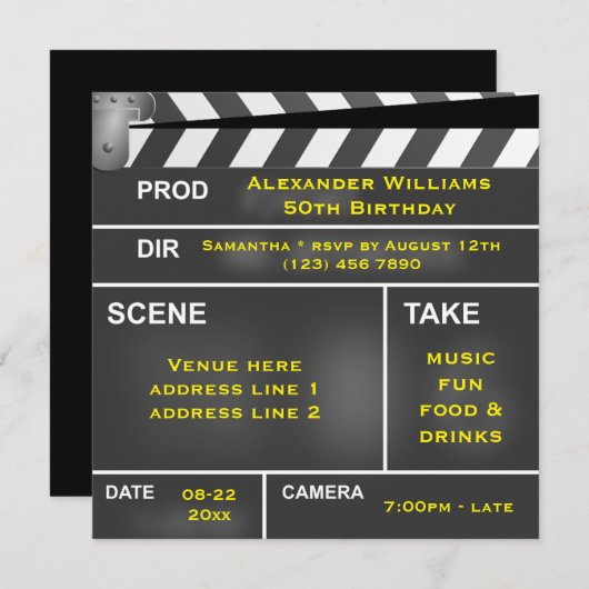 Cooler Clapper Board 50. Geburtstag Einladung (Vorne/Hinten)