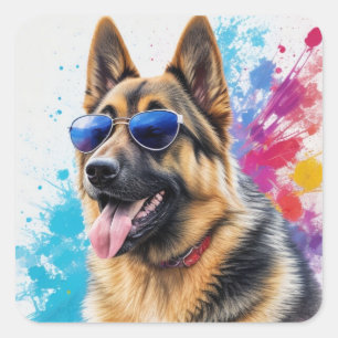 Cooler deutscher Schäferhund mit Sonnenbrille Spla Quadratischer Aufkleber