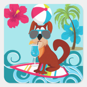 Cooler Dog Surfboard Sommerstrand Party Spaß Quadratischer Aufkleber