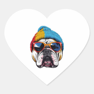 Cooler englischer Bulldog mit einem Beanie-Hut Herz-Aufkleber