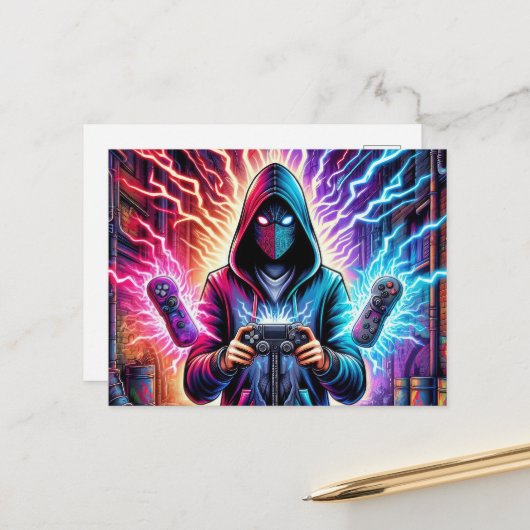 Cooler farbenfroher Gamer-Junge Postkarte (Vorderseite/Rückseite Beispiel)