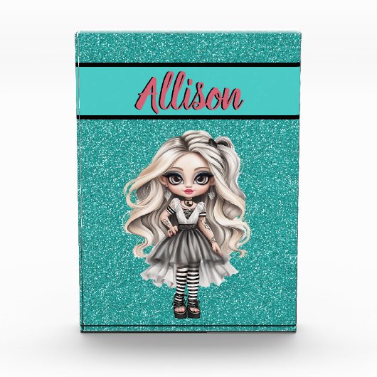 Cooler Fashion Girl Türkis Glitzer Personalisiert Fotoblock (Vorderseite)