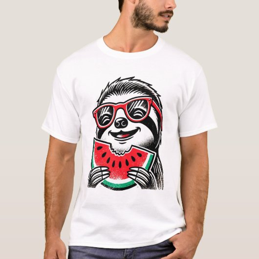 Cooler Faultier isst Wassermelone T-Shirt (Vorderseite)