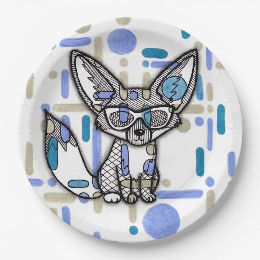 Cooler Fennek Fuchs mit Sonnenbrille Blau Geometri Pappteller (Vorderseite)