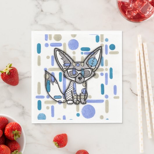 Cooler Fennek Fuchs mit Sonnenbrille Blau Geometri Serviette (Beispiel)