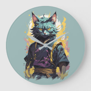 Cooler Feuer-Splash Grauer Ninja-Katze Krieger Große Wanduhr
