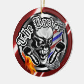 Cooler Friseur-Schädel mit loderndem Rasiermesser Keramik Ornament (Links)