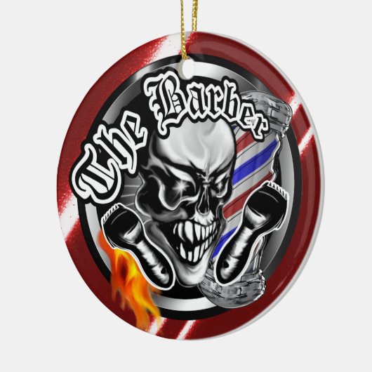 Cooler Friseur-Schädel mit loderndem Rasiermesser Keramik Ornament (Links)