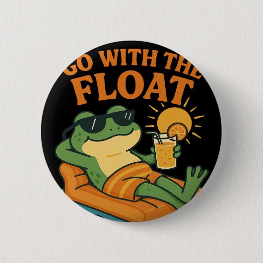 Cooler Frosch entspannt auf Floß mit Getränk Button (Vorderseite)