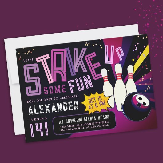 Cooler Girly Bowling Strike Farbiges Lila Party Einladung