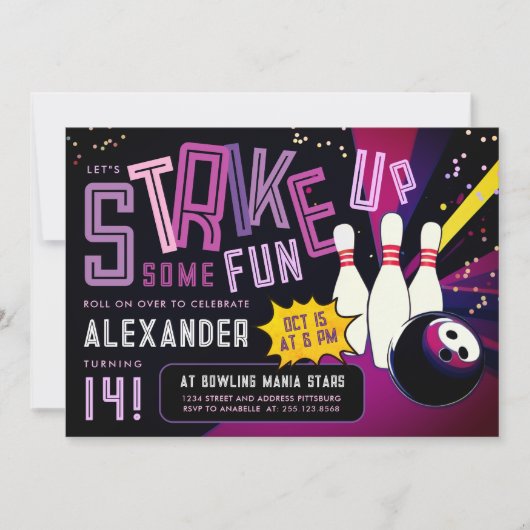 Cooler Girly Bowling Strike Farbiges Lila Party Einladung (Vorderseite)