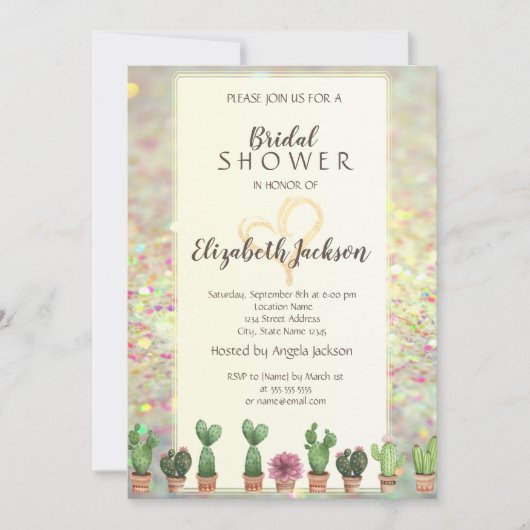 Cooler Glitzer Bokeh Cactus Brautparty Einladung (Vorderseite)