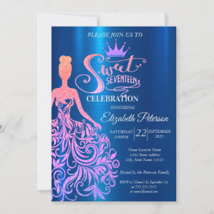 Cooler Glitzer Bokeh, Dress, Tiara, Blue Sweet 17 Einladung