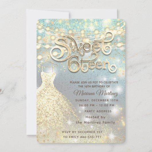 Cooler Glitzer Elegante String Lichter goldenes Fu Einladung (Vorderseite)