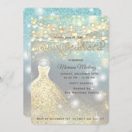 Cooler Glitzer Elegante String Lichter goldenes Fu Einladung (Vorne/Hinten)