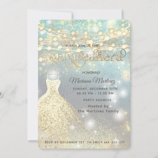 Cooler Glitzer Elegante String Lichter goldenes Fu Einladung (Vorderseite)