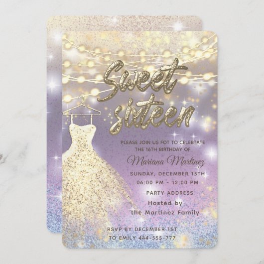 Cooler Glitzer Elegante String Lichter goldenes Fu Einladung (Vorne/Hinten)