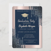 Cooler Glitzer Gradu Cap, Rose Gold Tropfen, Navy Einladung (Vorderseite)