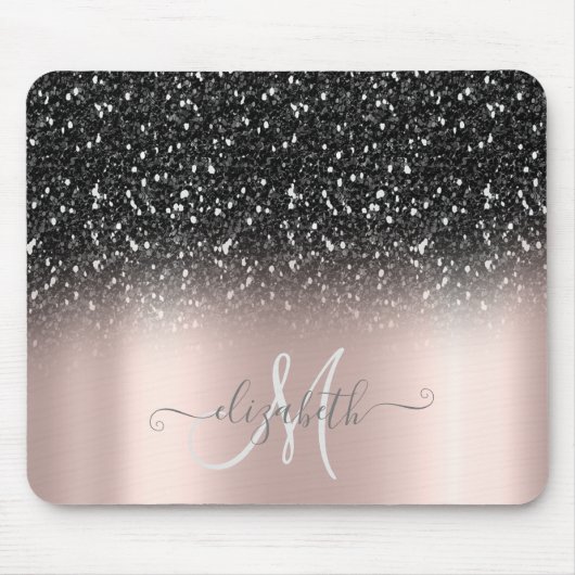 Cooler Glitzer Ombre Black Monogram Rose Gold Mousepad (Vorne)