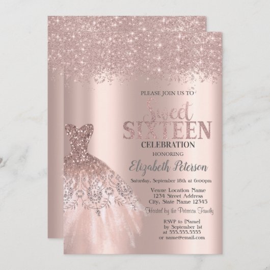 Cooler Glitzer Staub, Dress Rose Gold Sweet 16 Einladung (Vorne/Hinten)