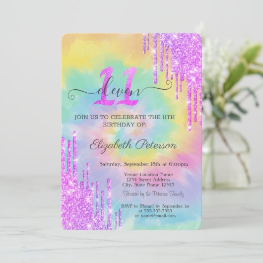 Cooler Glitzer Tropfen Gefärbte Krawatte 11. Gebur Einladung (Stehend Vorderseite)