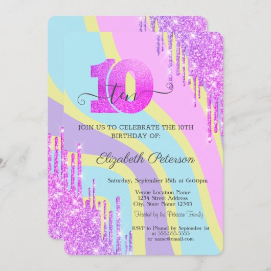 Cooler Glitzer Tropfen Groovy 10. Geburtstag Einladung (Vorne/Hinten)