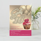 Cooler Goldballon whimsy cupcake neon süß 16 Einladung (Stehend Vorderseite)