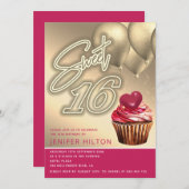 Cooler Goldballon whimsy cupcake neon süß 16 Einladung (Vorne/Hinten)