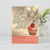 Cooler Goldballon whimsy cupcake neon süß 16 Einladung (Stehend Vorderseite)