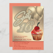 Cooler Goldballon whimsy cupcake neon süß 16 Einladung (Vorne/Hinten)