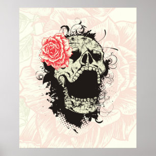 Cooler Gothic-Totenschädel und roter Rosenposter n Poster