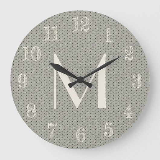 Cooler grauer Lederschau Monogramm hinzufügen Große Wanduhr (Vorderseite)