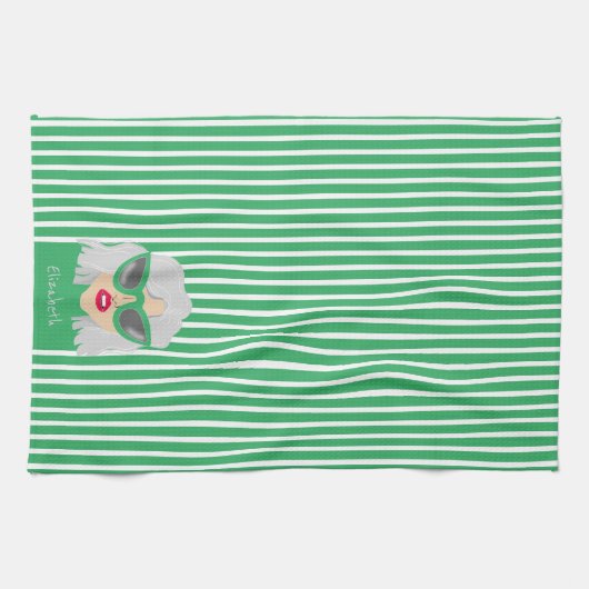 Cooler grauhaariger weiblicher Grüner Individuelle Geschirrtuch (Horizontal)