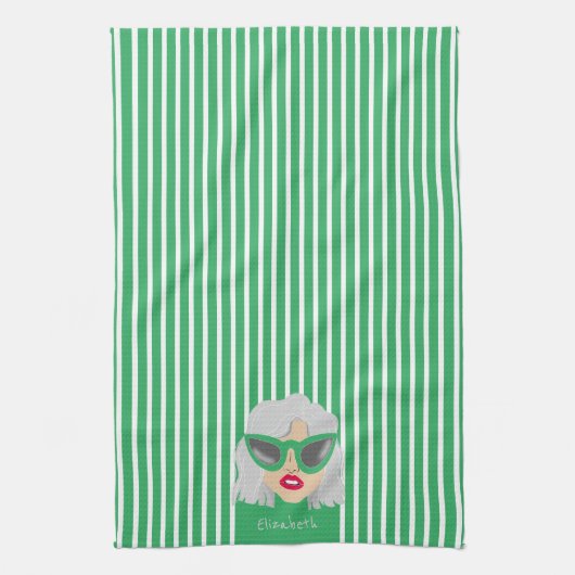 Cooler grauhaariger weiblicher Grüner Individuelle Geschirrtuch (Vertikal)