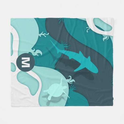 Cooler Hai Abstrakt Art Monogram Fleecedecke (Vorderseite (Horizontal))