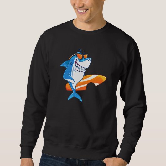 Cooler Hai Mit Surfboard Beim Surfen Sweatshirt (Vorderseite)