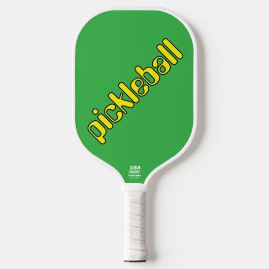 Cooler, hellgelber Diagonaltext auf Kalkgrün Pickleball Schläger (Vorderseite)