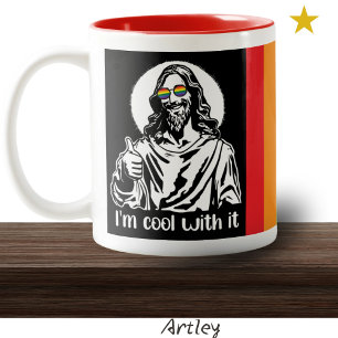 Cooler Hippie-Gay Pride Jesus thumbs hoch Zweifarbige Tasse