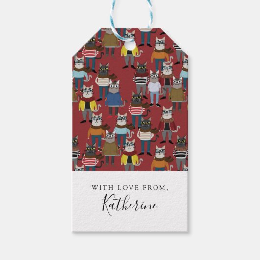 Cooler Hipster Cat Pattern | Name hinzufügen Geschenkanhänger (Vorderseite)