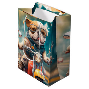 Cooler Hund, der eine Motorradgeschenktasche fährt Mittlere Geschenktüte