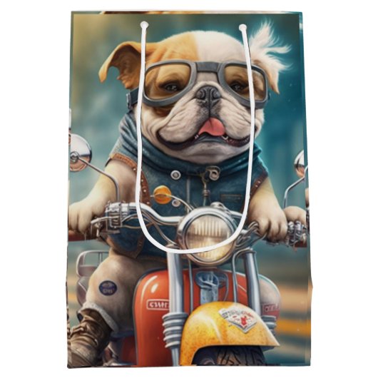 Cooler Hund, der eine Motorradgeschenktasche fährt Mittlere Geschenktüte (Rückseite)