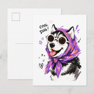 Cooler Hund Husky mit Sonnenbrille & Kopftuch Postkarte