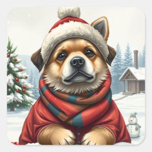 Cooler Hund in Preppy Winter Attraktion und Hat Wi Quadratischer Aufkleber