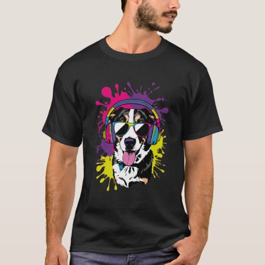 Cooler Hund mit Kopfhörern Pop Art Design T-Shirt (Vorderseite)