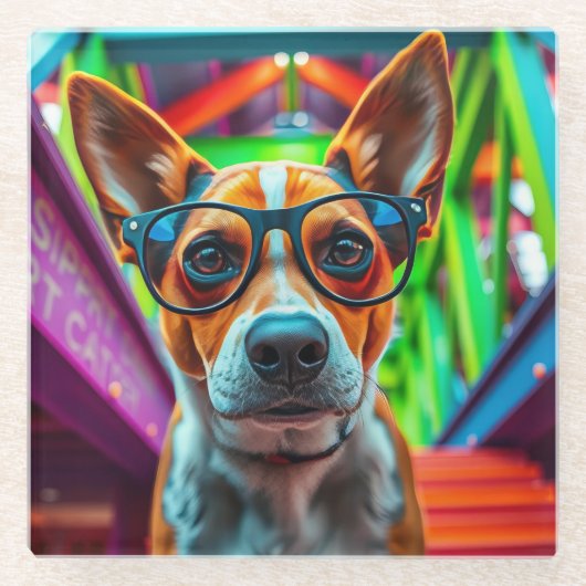 Cooler Hund mit Sonnenbrille Glasuntersetzer (Vorderseite)