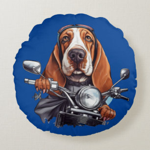 Cooler Hundbiker, niedlicher Hundeschlittenfahrer Rundes Kissen