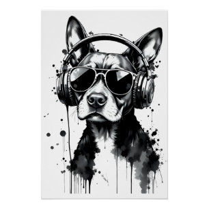 Cooler Hundekopfhörer Niedlich Haustiere Schwarzwe Poster