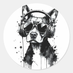 Cooler Hundekopfhörer Niedlich Haustiere Schwarzwe Runder Aufkleber