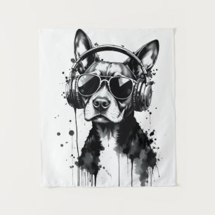 Cooler Hundekopfhörer Niedlich Haustiere Schwarzwe Wandteppich